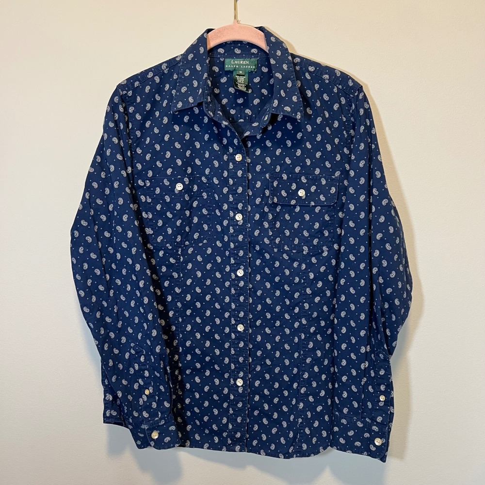 Lauren Ralph Lauren Navy Blue Paisley Cotton Button Down Shirt Women's Medium